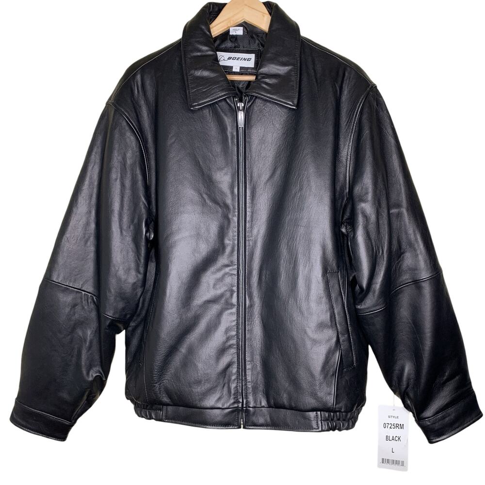 Boeing Men’s Black Lamb Leather Bomber Jacket Size L NWT